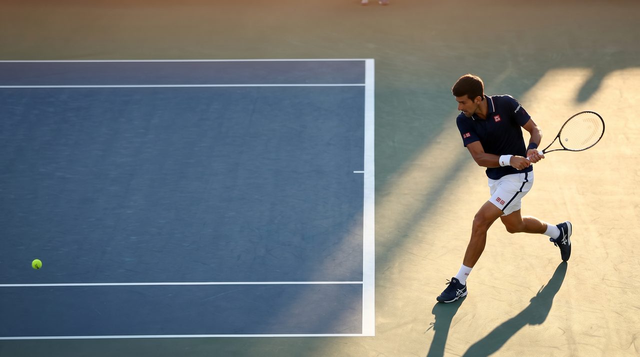 Tennis court at a Grand Slam tournament during play