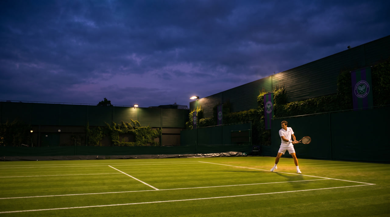 A Wimbledon outside court at dusk, perfectly striped green grass with crisp white lines, dark green stadium walls and royal-purple-and-green livery in shadow under a deep navy English summer sky